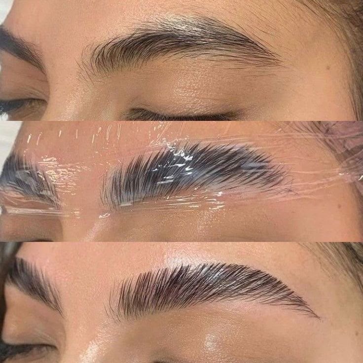 Brow lamination before, during and after showing fluffy laminated brows
