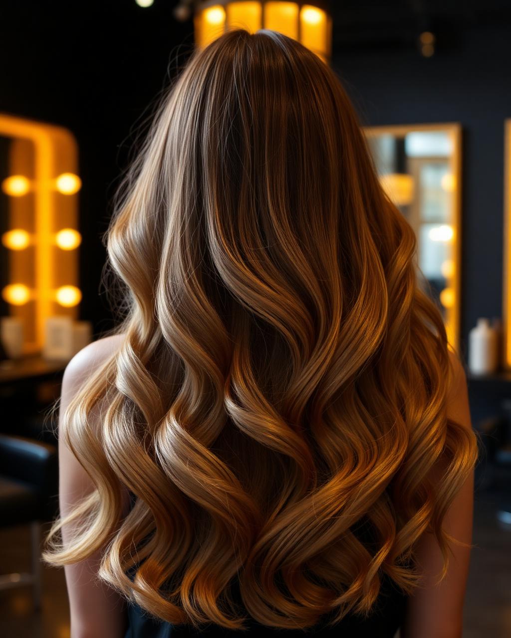 Glossy honey balayage waves seen from behind in the salon